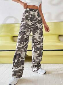 SHEIN Unity Pantalones rectos con estampado de camuflaje con bolsillo oblicuo - Multicolor - Ver 5