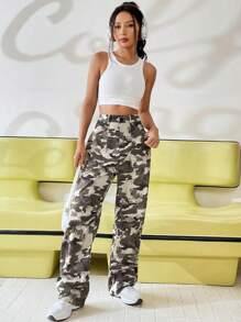 SHEIN Unity Pantalones rectos con estampado de camuflaje con bolsillo oblicuo - Multicolor - Ver 6
