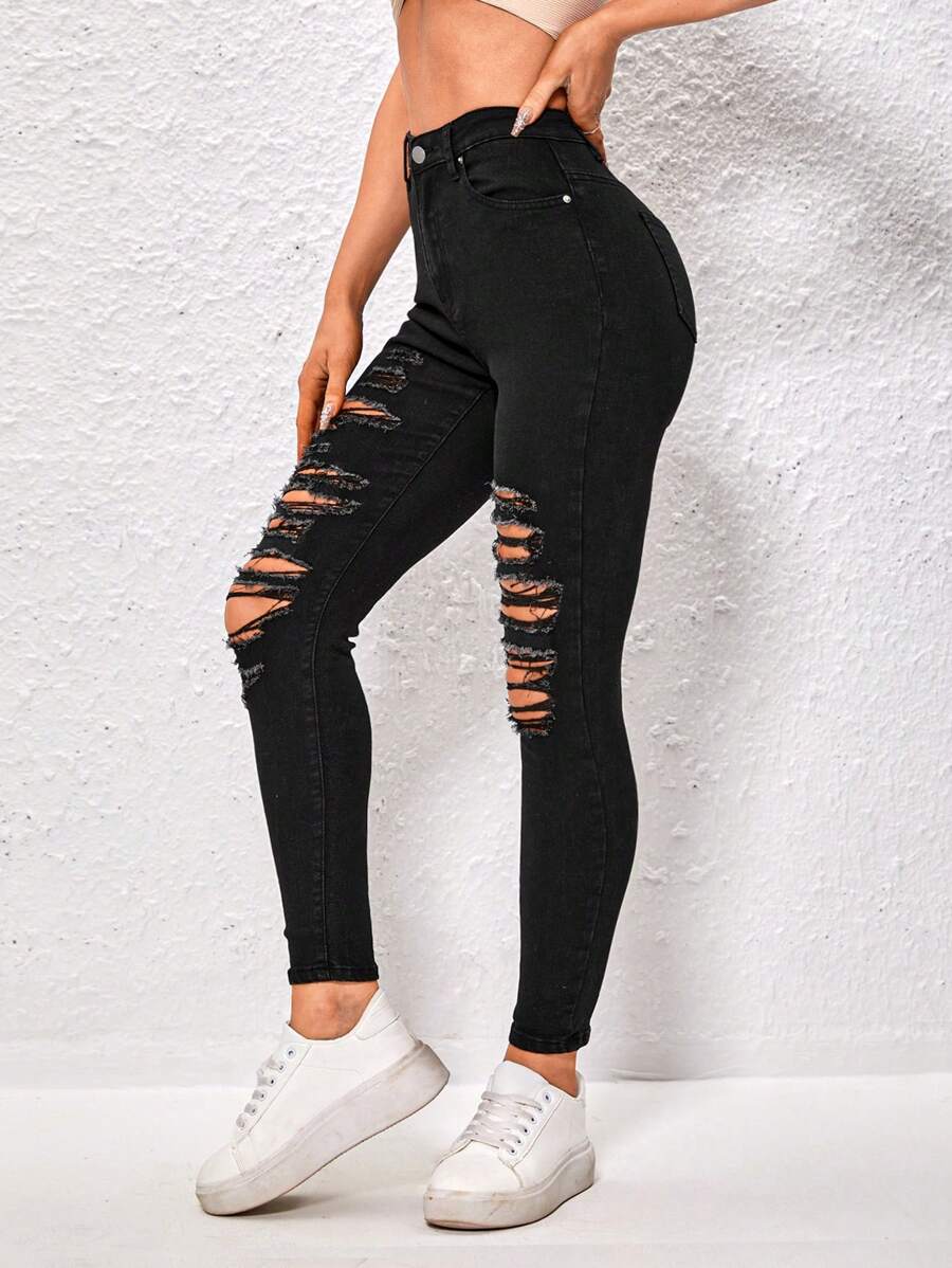 Ripped Skinny Jeans - Black - View 1