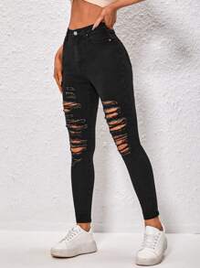 Ripped Skinny Jeans - Black - View 4
