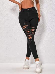 Ripped Skinny Jeans - Black - View 5