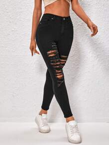 Ripped Skinny Jeans - Black - View 6