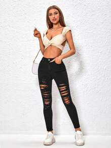 Ripped Skinny Jeans - Black - View 7