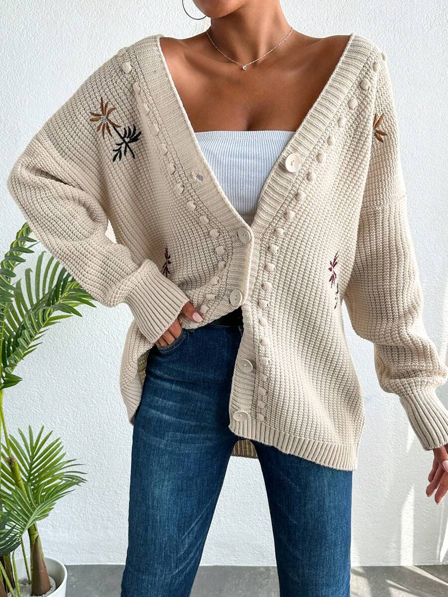 Cloudara Floral Embroidery Drop Shoulder Button Front Cardigan - Beige - View 1