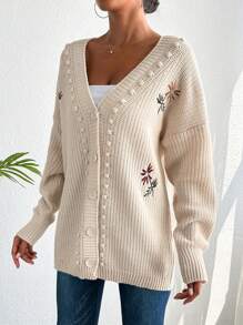 Cloudara Floral Embroidery Drop Shoulder Button Front Cardigan - Beige - View 3