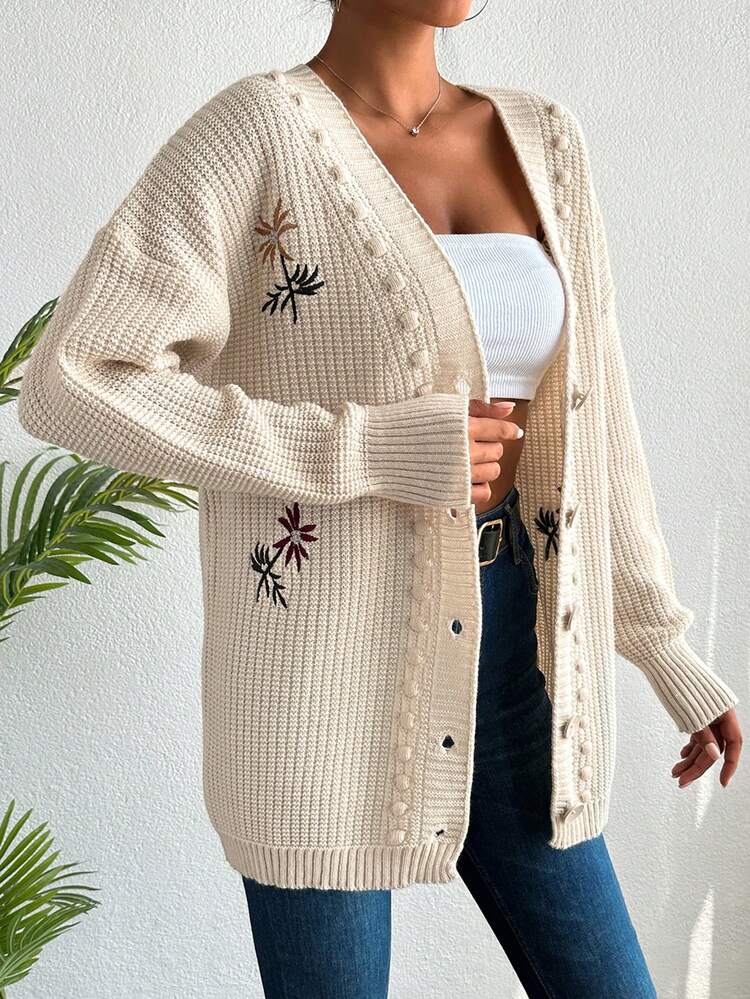 Cloudara Floral Embroidery Drop Shoulder Button Front Cardigan - Beige - View 4