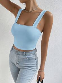 SHEIN Essnce 素色短款寬肩帶上衣 - 淺藍色 - 查看 3