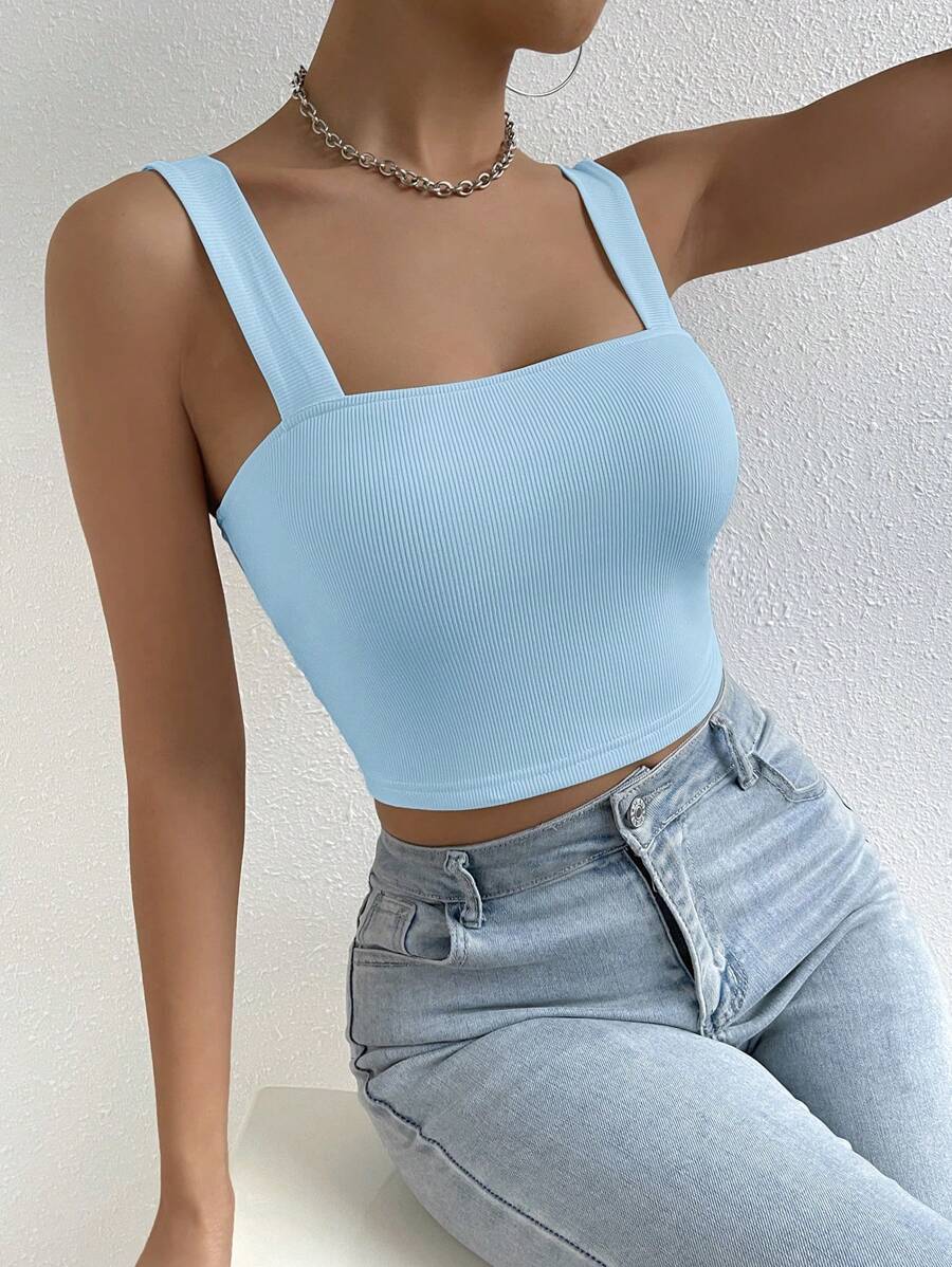 SHEIN Essnce 素色短款寬肩帶上衣 - 淺藍色 - 查看 1