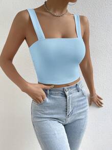 SHEIN Essnce 素色短款寬肩帶上衣 - 淺藍色 - 查看 6