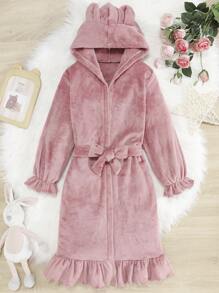 女大童荷葉邊3D耳朵設計連帽腰帶荷葉袖法蘭絨睡袍 - 粉色 - 查看 1
