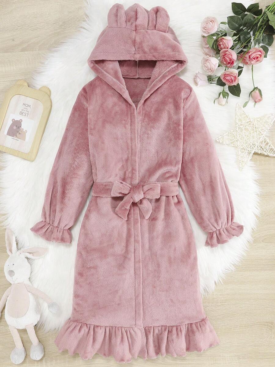 女大童荷葉邊3D耳朵設計連帽腰帶荷葉袖法蘭絨睡袍 - 粉色 - 查看 1