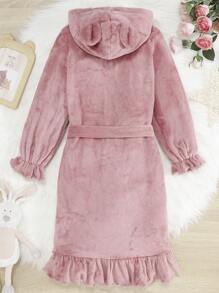 女大童荷葉邊3D耳朵設計連帽腰帶荷葉袖法蘭絨睡袍 - 粉色 - 查看 2