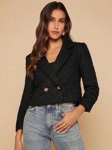 SHEIN Clasi 1入組西裝領雙排釦短夾克 - 黑色 - 查看 3