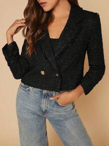 SHEIN Clasi 1入組西裝領雙排釦短夾克 - 黑色 - 查看 6