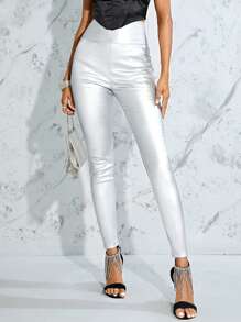 SHEIN Allurite Pantalones pitillo de cintura alta con bolsillos delanteros de color liso para mujer - Plateado - Ver 4