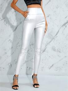 SHEIN Allurite Pantalones pitillo de cintura alta con bolsillos delanteros de color liso para mujer - Plateado - Ver 3