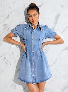 SHEIN Essnce Puff Sleeve Fold Pleated Denim Dress - Medium Wash - View 4