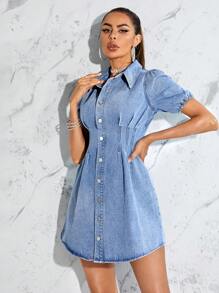 SHEIN Essnce Puff Sleeve Fold Pleated Denim Dress - Medium Wash - View 6