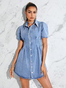 SHEIN Essnce Puff Sleeve Fold Pleated Denim Dress - Medium Wash - View 7
