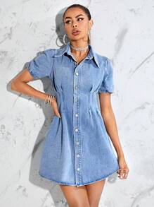 SHEIN Essnce Puff Sleeve Fold Pleated Denim Dress - Medium Wash - View 3