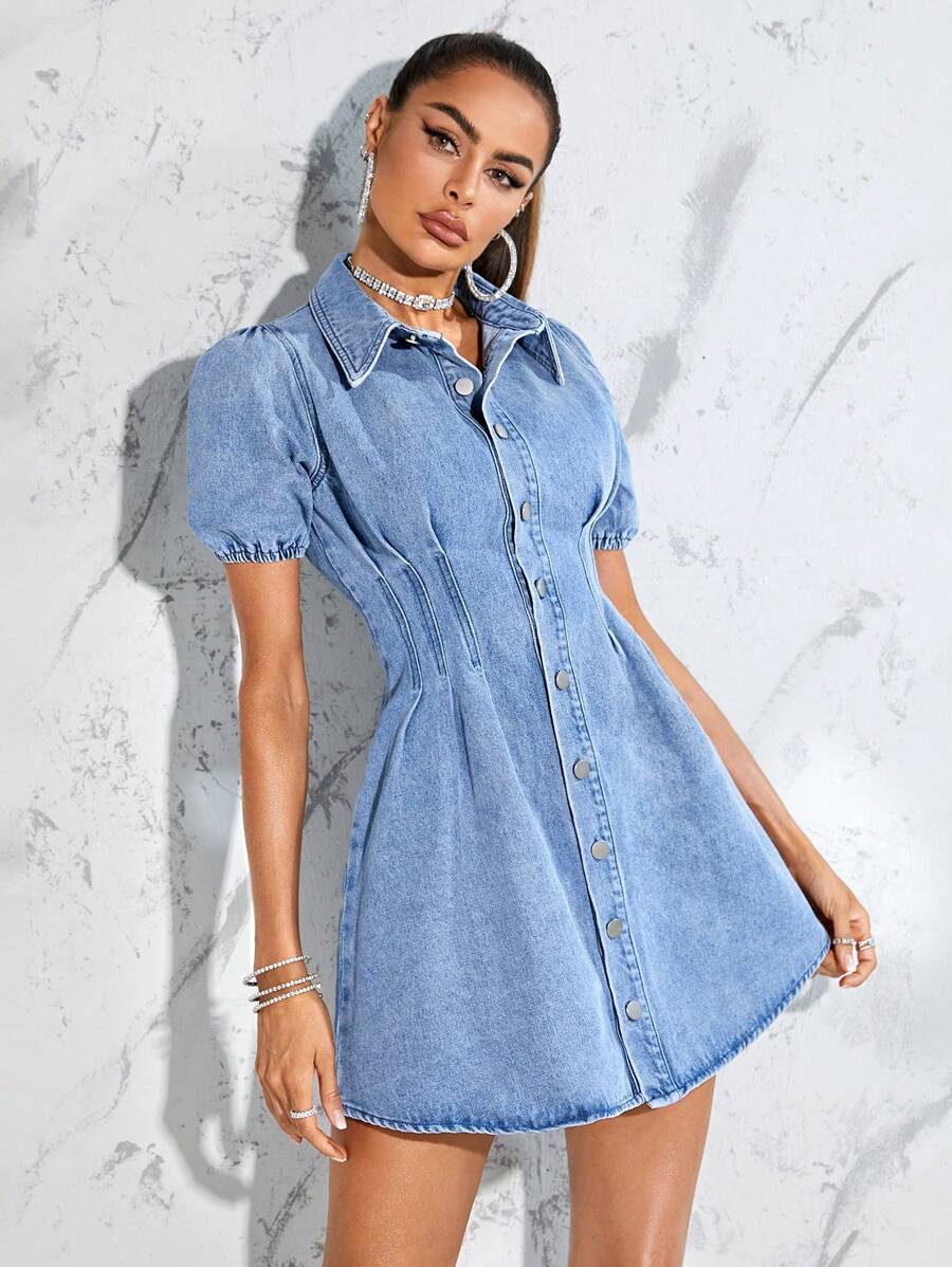 SHEIN Essnce Puff Sleeve Fold Pleated Denim Dress - Medium Wash - View 1