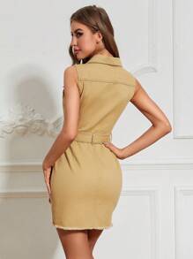 SHEIN Privé 翻蓋細節腰帶牛仔裙 - 黃色 - 查看 2