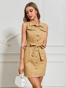 SHEIN Privé 翻蓋細節腰帶牛仔裙 - 黃色 - 查看 4