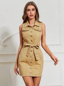 SHEIN Privé 翻蓋細節腰帶牛仔裙 - 黃色 - 查看 1