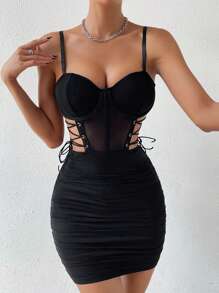 Glamine Vestido ajustado de tirantes con cordón lateral fruncido de malla bustier - Negro - Ver 6