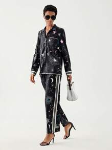 Aveloria 星空圖案西裝領襯衫和褲子 - 黑色 - 查看 5