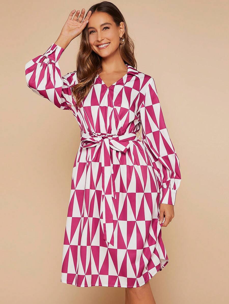 SHEIN Clasi Allover Geo Print Belted Shirt Dress - Multicolor - View 1