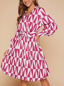 SHEIN Clasi Allover Geo Print Belted Shirt Dress - Multicolor - View 2