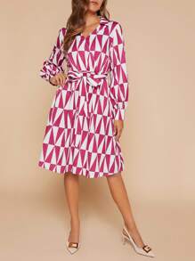 SHEIN Clasi Allover Geo Print Belted Shirt Dress - Multicolor - View 3