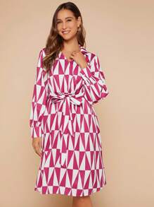 SHEIN Clasi Allover Geo Print Belted Shirt Dress - Multicolor - View 6