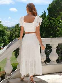 SHEIN Frenchy 方領蝴蝶袖短款上衣&荷葉邊半身裙 - 白色 - 查看 2