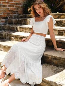 SHEIN Frenchy 方領蝴蝶袖短款上衣&荷葉邊半身裙 - 白色 - 查看 1