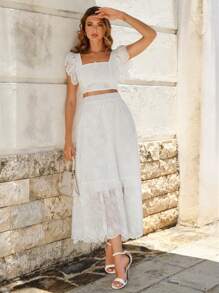 SHEIN Frenchy 方領蝴蝶袖短款上衣&荷葉邊半身裙 - 白色 - 查看 4