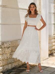 SHEIN Frenchy 方領蝴蝶袖短款上衣&荷葉邊半身裙 - 白色 - 查看 5