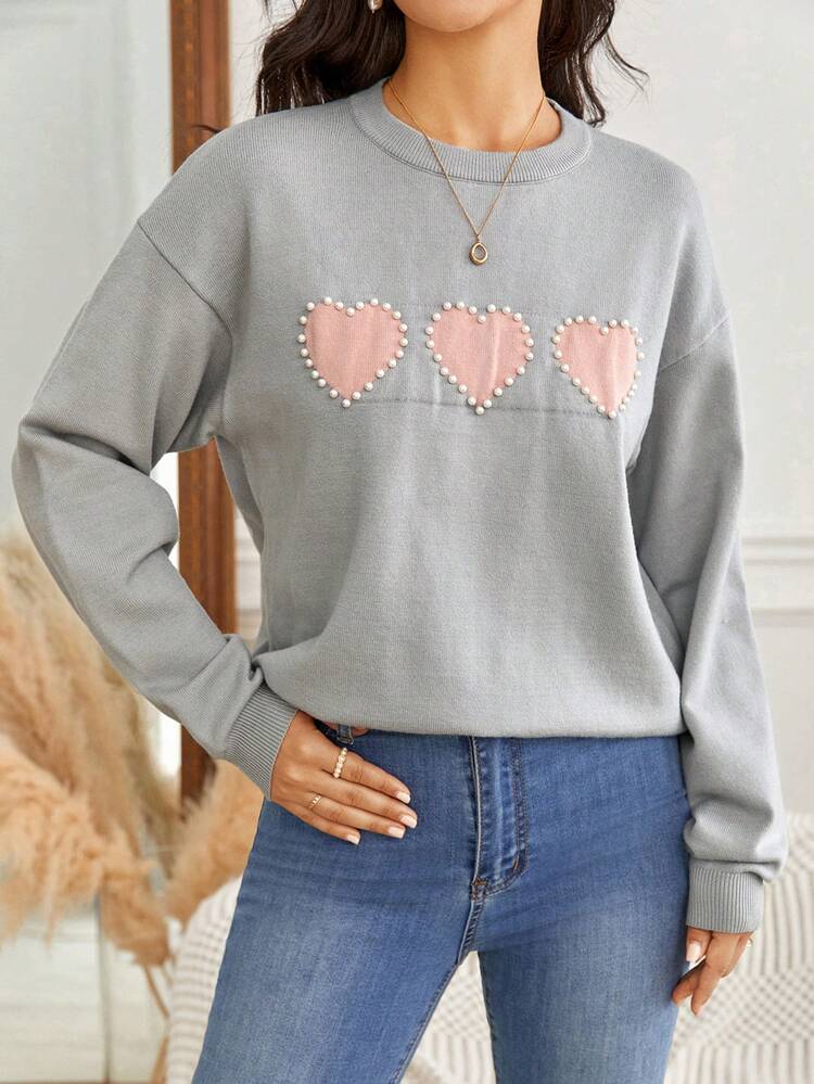 Heart Pattern Drop Shoulder Sweater Winter Thanks Giving Casual