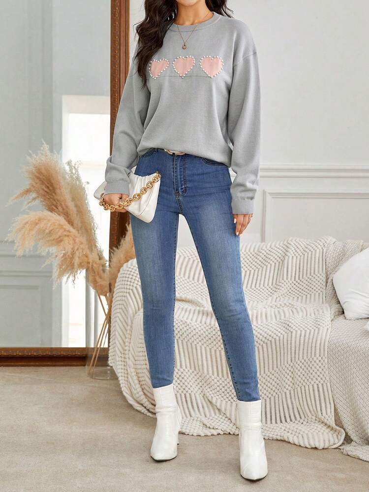 Heart Pattern Drop Shoulder Sweater Winter Thanks Giving Casual