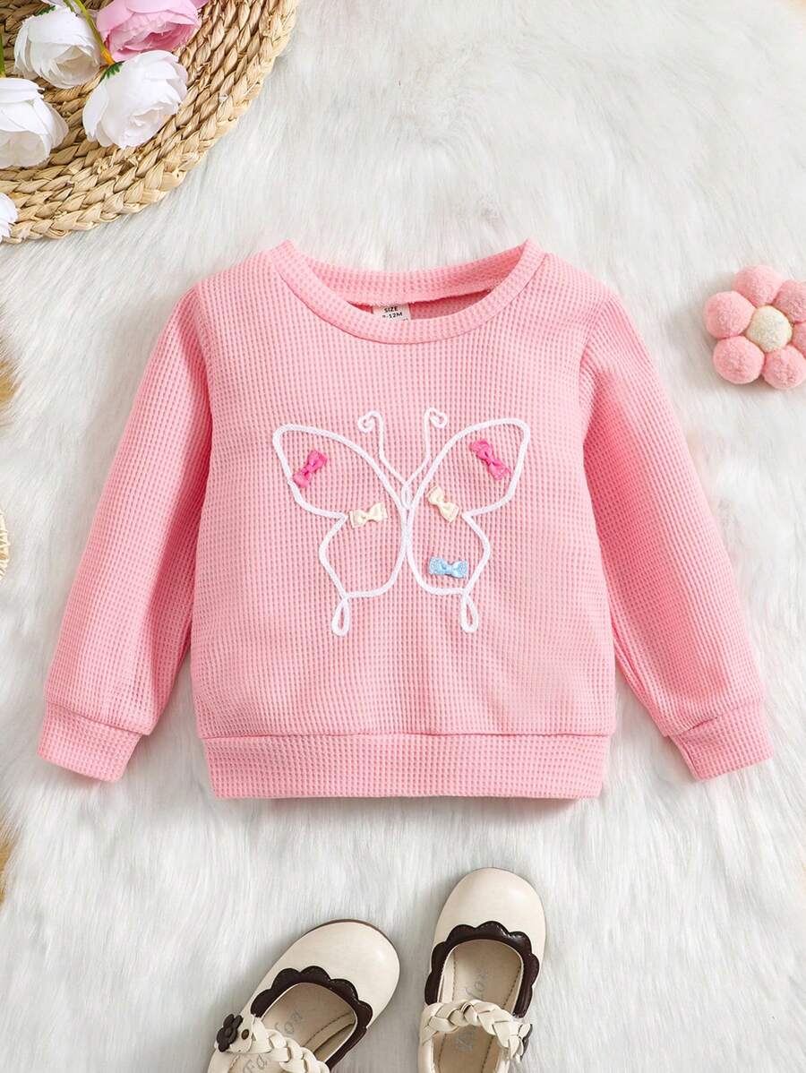 Baby Girl' Casual Cute Butterfly Embroidery Waffle Knit Pink Sweatshirt For Autumn And Winter - Pink - View 1