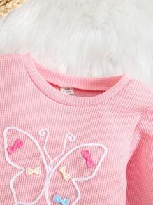 Baby Girl' Casual Cute Butterfly Embroidery Waffle Knit Pink Sweatshirt For Autumn And Winter - Pink - View 3