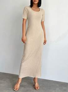 RueChic Chất rắn Đồ đan Ribbed Đầm - Màu be - Xem 1