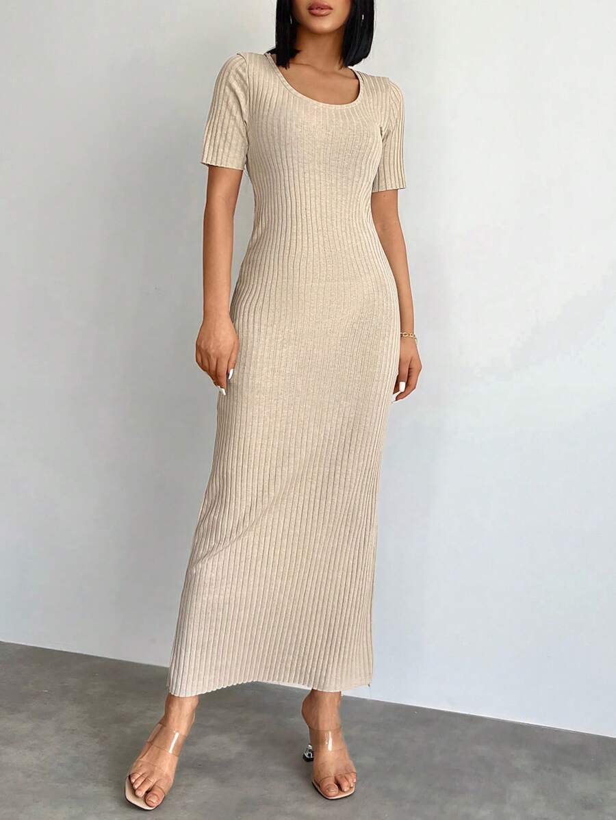 RueChic Chất rắn Đồ đan Ribbed Đầm - Màu be - Xem 1