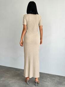 RueChic Chất rắn Đồ đan Ribbed Đầm - Màu be - Xem 2