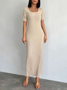 RueChic Chất rắn Đồ đan Ribbed Đầm - Màu be - Xem 3