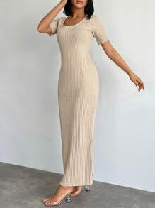 RueChic Chất rắn Đồ đan Ribbed Đầm - Màu be - Xem 4