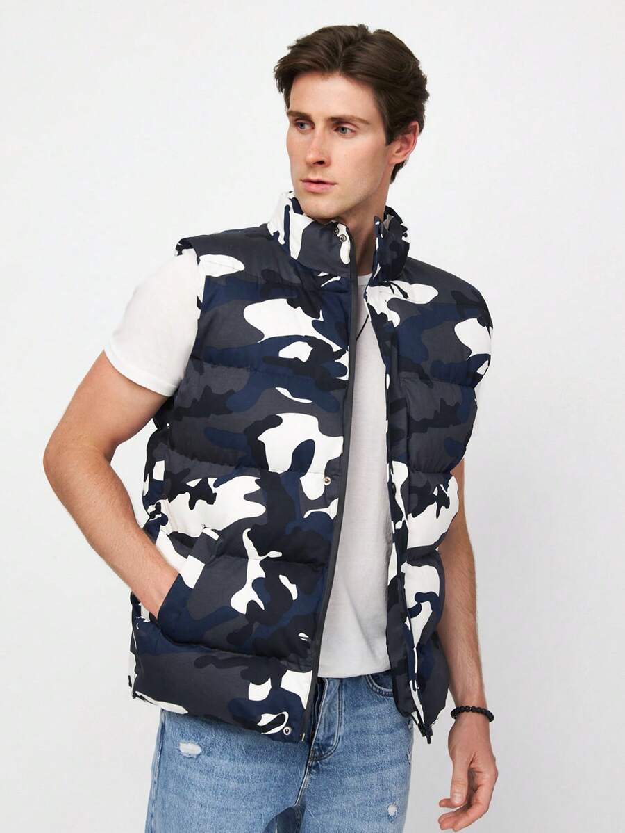 RueChic Men Camo Print Puffer Vest Coat - Multicolor - View 1