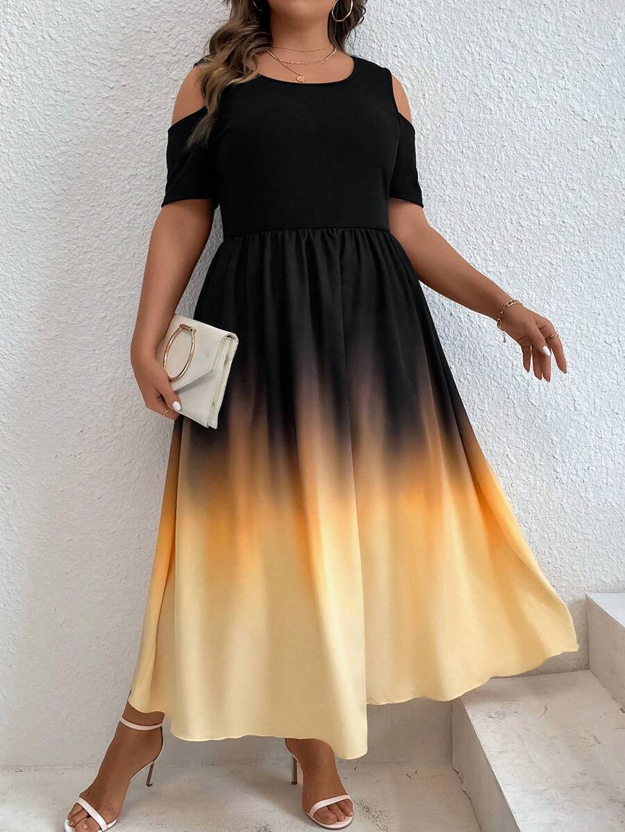 SHEIN LUNE Plus Ombre Cold Shoulder Dress - Multicolor - View 1