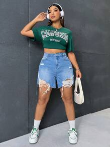 SHEIN EZwear Hơn Quần short denim với các đường viền thô rách - Rửa nhẹ - Xem 2